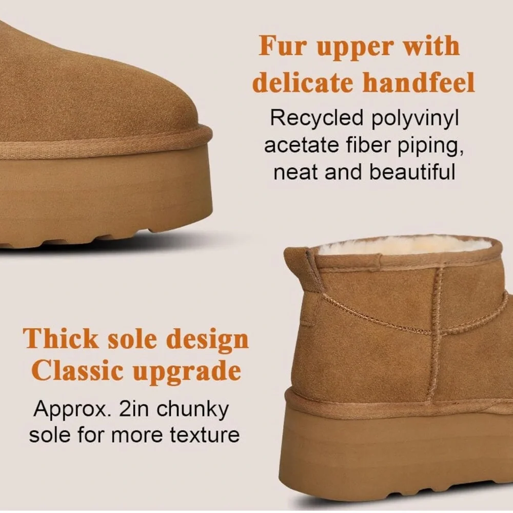 Brown Platform Mini Boot Short Ankle Fur Fleece Ultra Platform Anti-Slip…